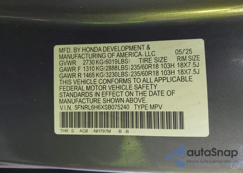 2025 Honda Odyssey Ex-L z USA, uszkodzony, nr VIN 5FNRL6H6XSB075240